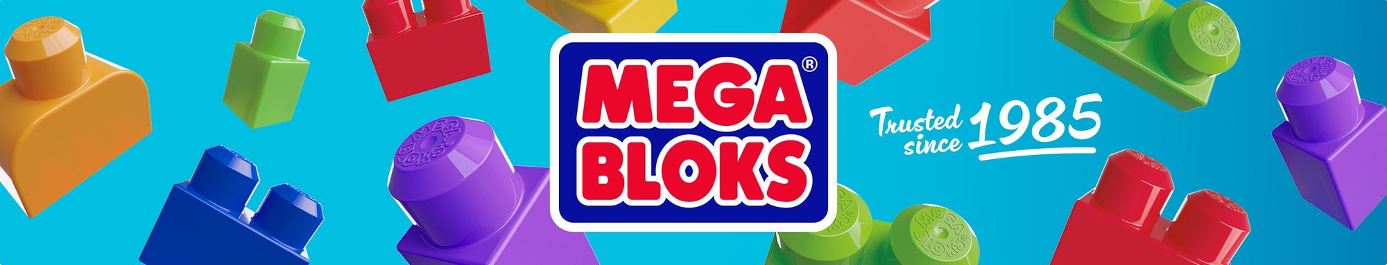 MEGA BLOKS logo with big building blocks, trusted since 1985